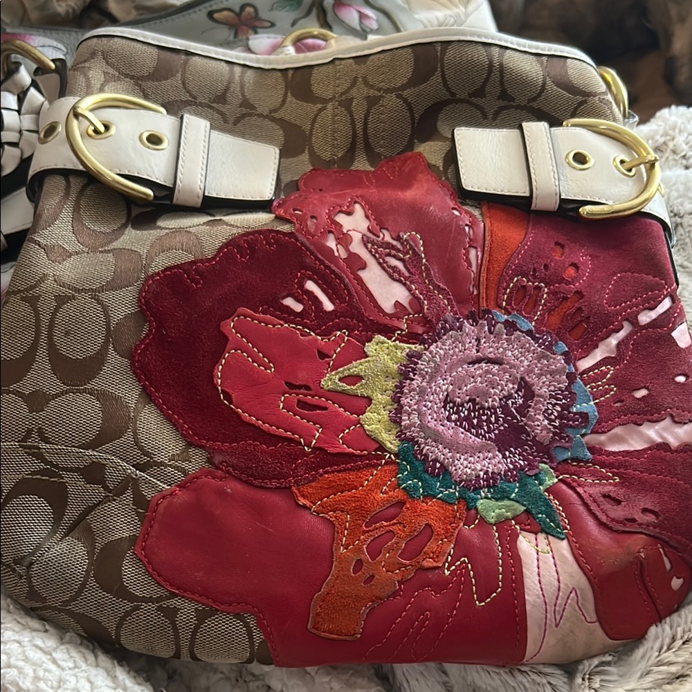 Coach Red and Brown Floral Shoulder Bag